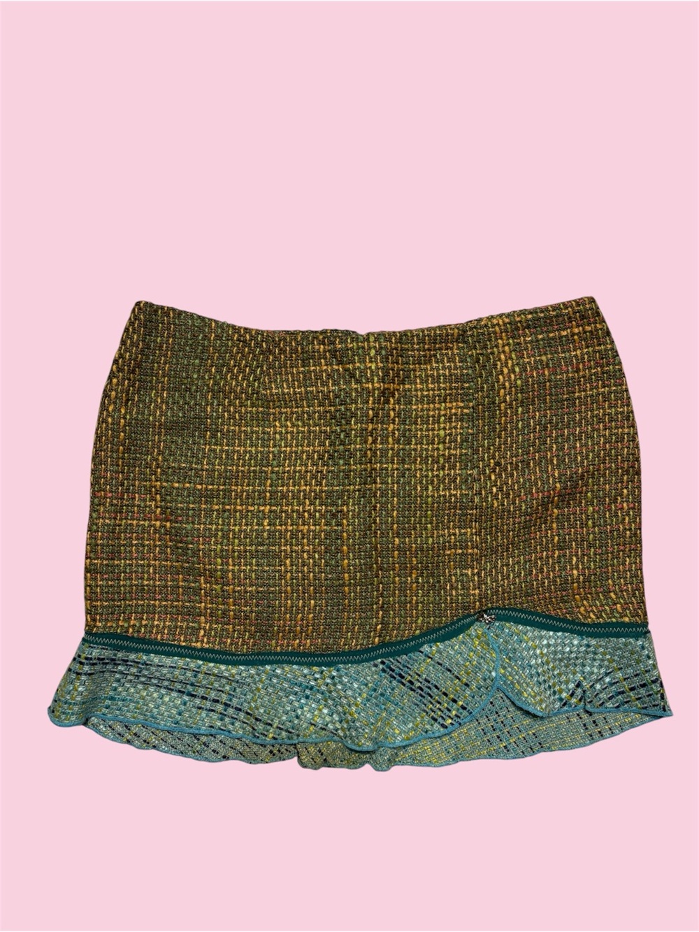 Textured Green Tweed Mini Skirt with Blue Trim
